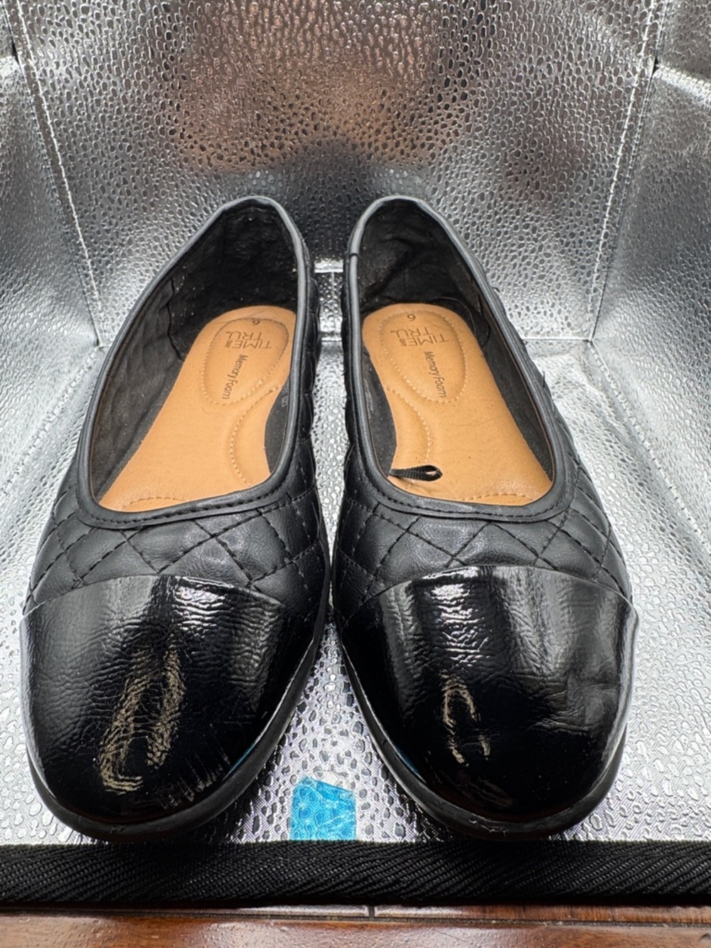 Dr. Scholl's Black Quilted Patent Toe Comfort Flats